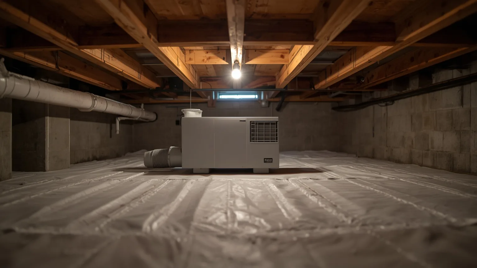 Low-profile dehumidifier standing on a sealed liner floor beneath the floor joists