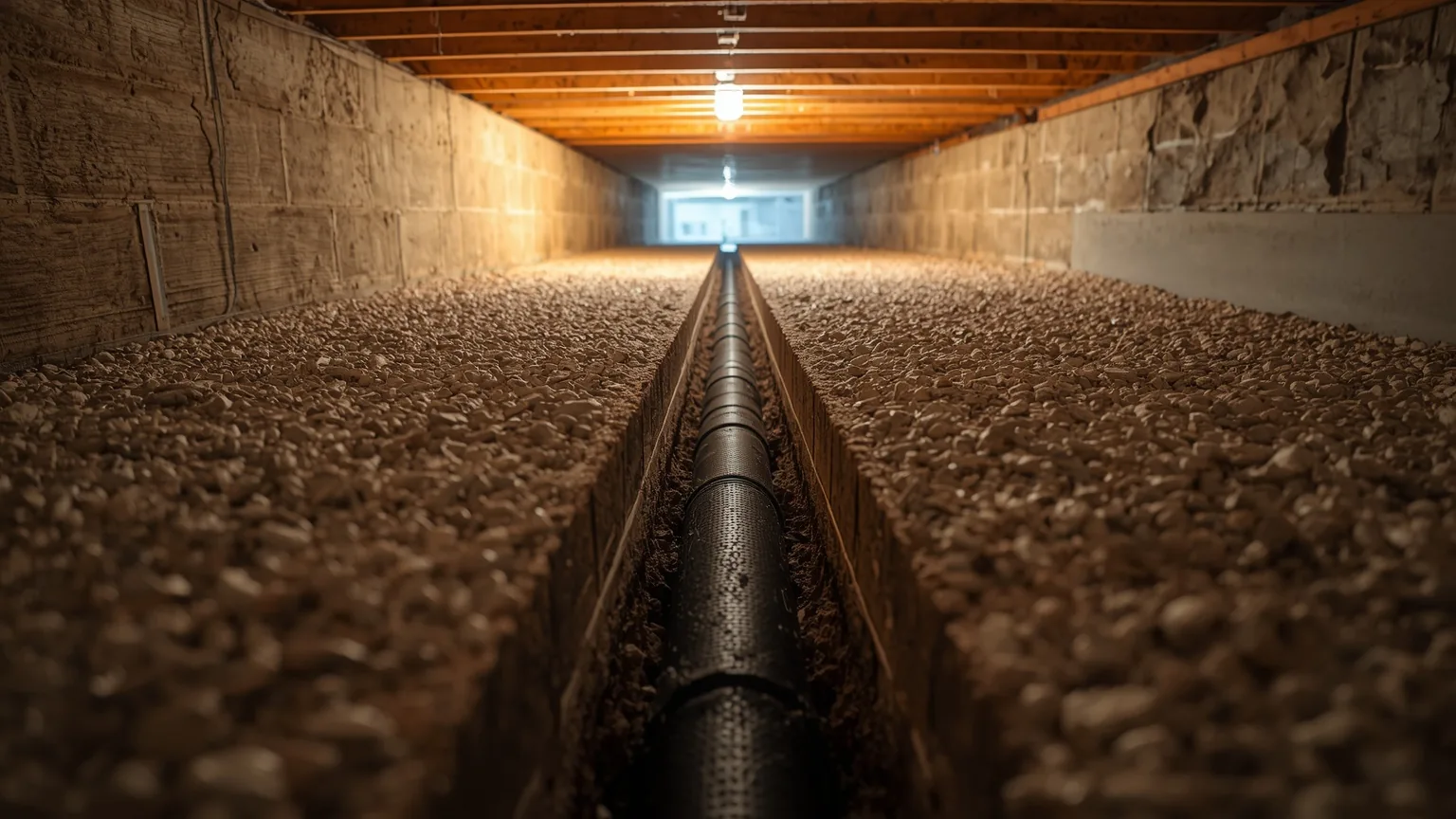 Gravel-filled drainage channel with perforated pipe running the length of a crawl space foundation wall
