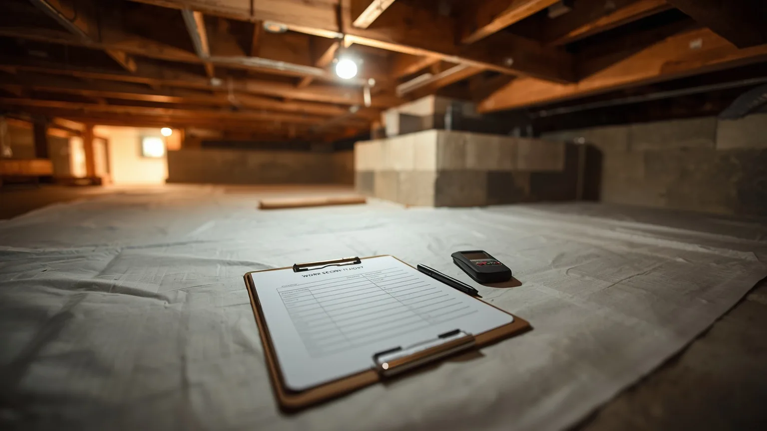 Itemized work scope on a clipboard beside a moisture meter on a crawl space liner