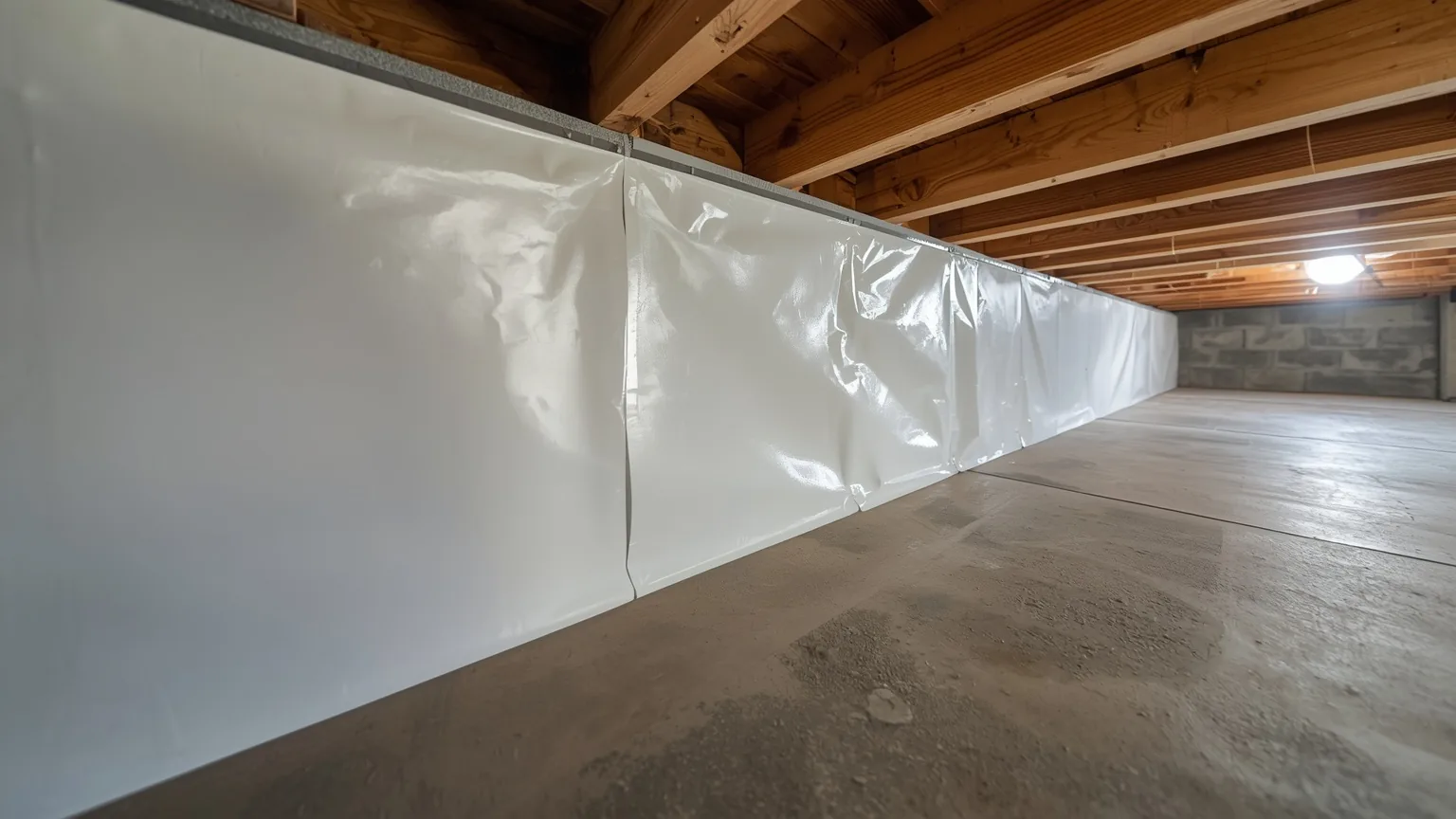 White encapsulation liner terminated and sealed along the top of a concrete block foundation wall