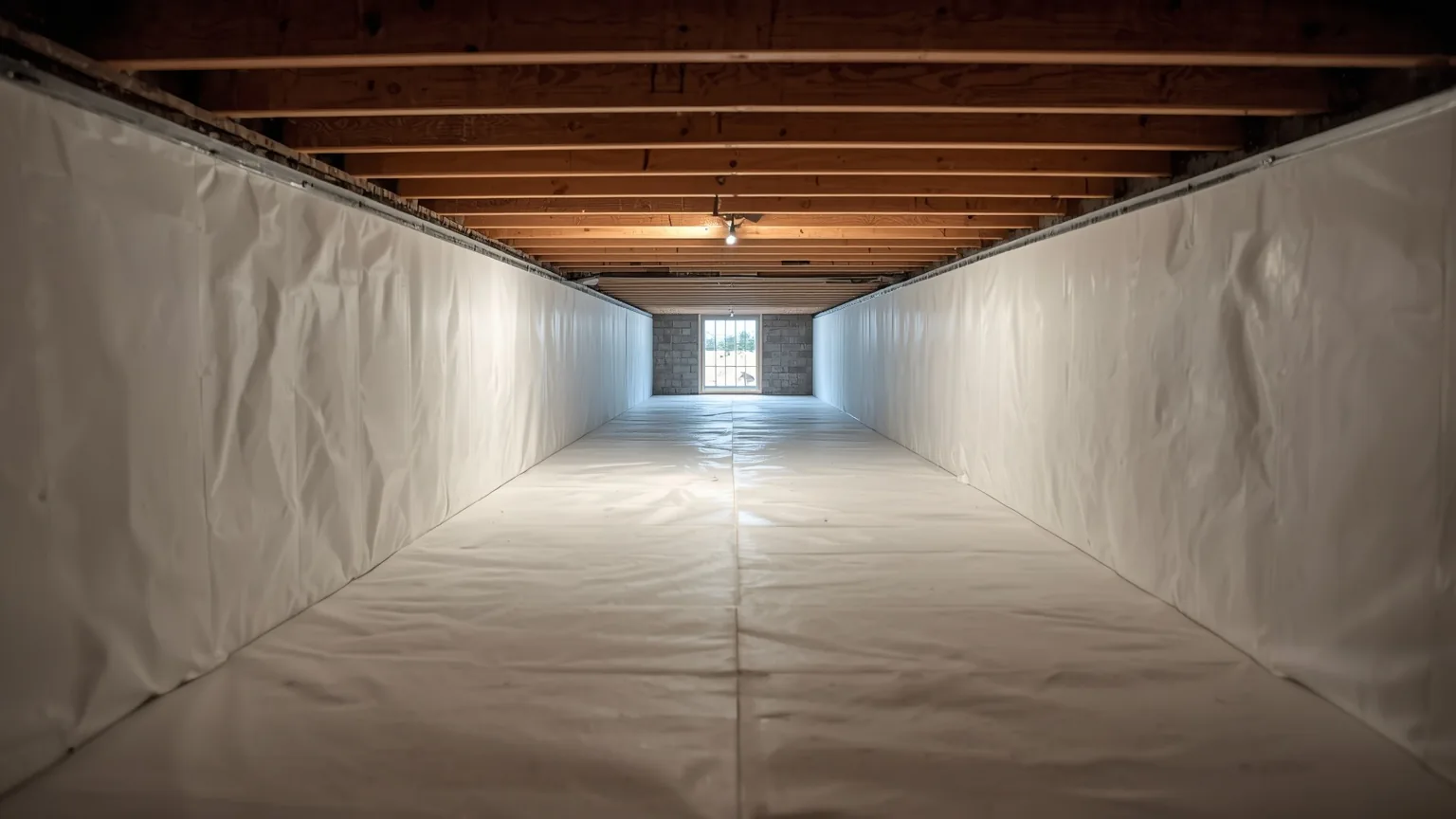 Crawl space with heavy white liner covering the ground and running up both foundation walls