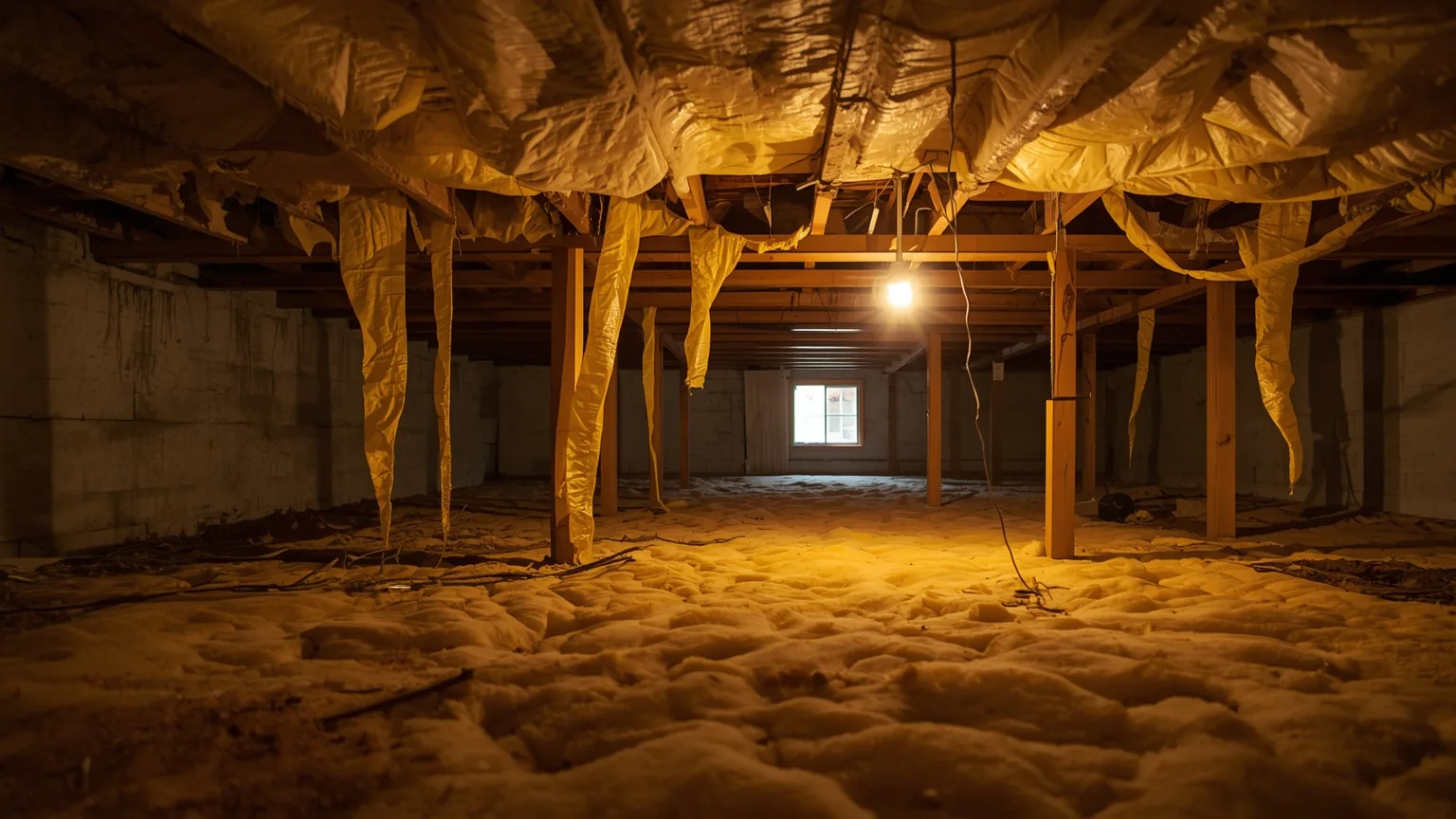 Fiberglass batt insulation sagging away from the subfloor between crawl space floor joists