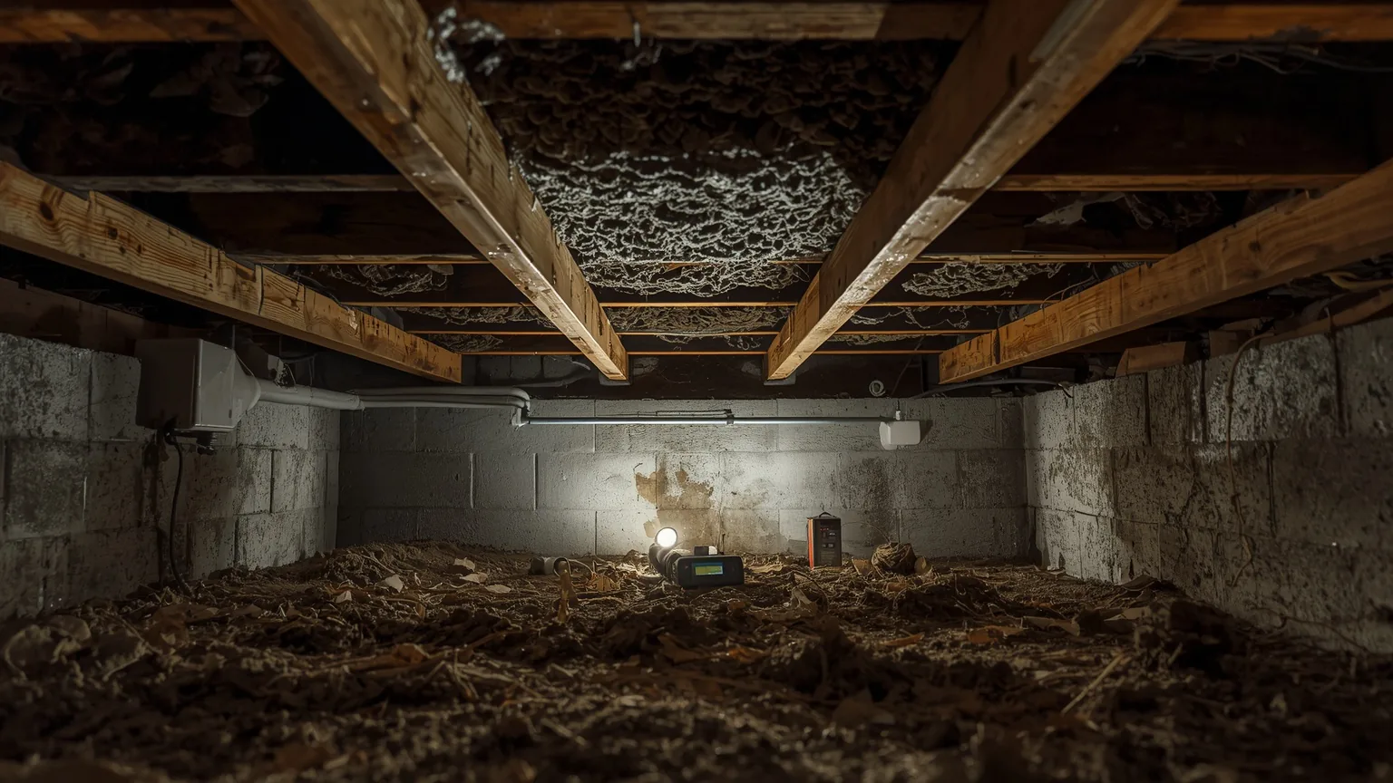 Fungal growth on the underside of subfloor boards and floor joists in a damp crawl space