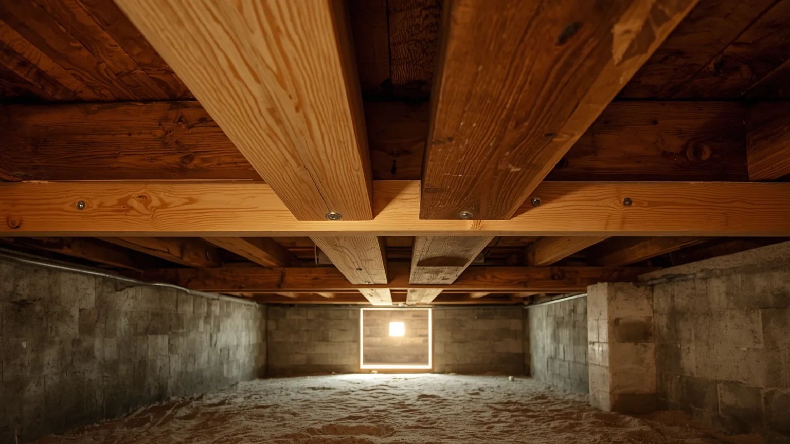 New structural framing in place beneath the floor joists of a crawl space
