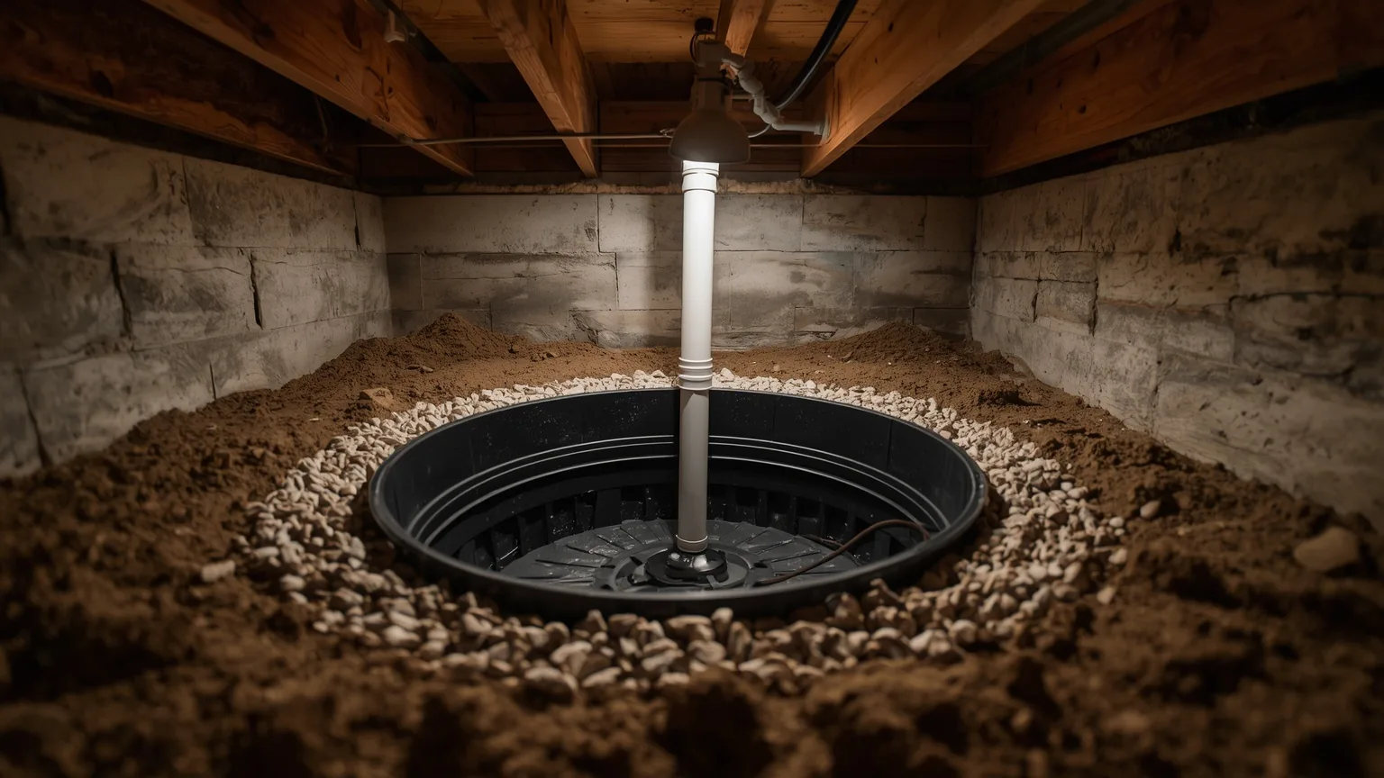 Sump basin set into a crawl space floor with a discharge line turning away along the ground