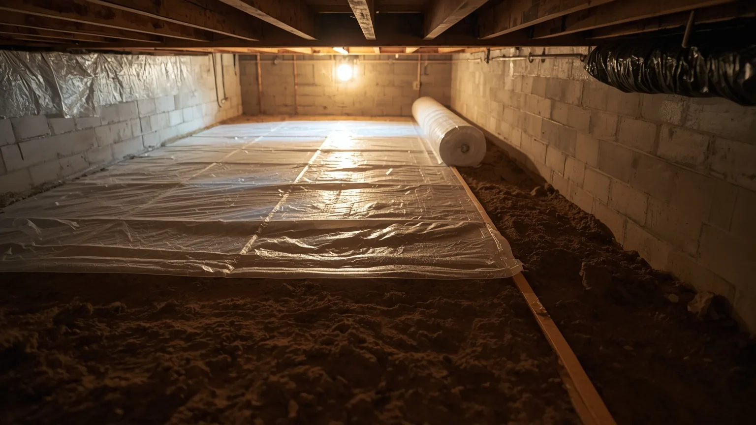 Overlapping polyethylene vapor barrier sheeting laid across the bare earth floor of a crawl space