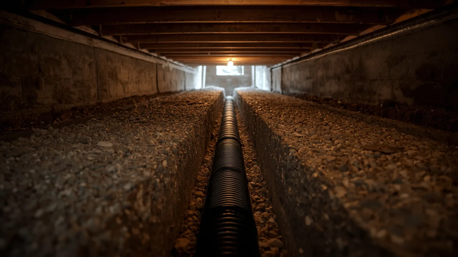 Perforated drainage pipe bedded in a gravel-filled trench along a crawl space foundation wall