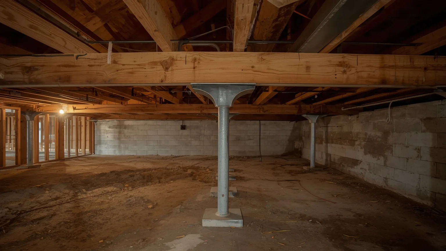 Adjustable steel support column carrying a wooden main girder in a crawl space